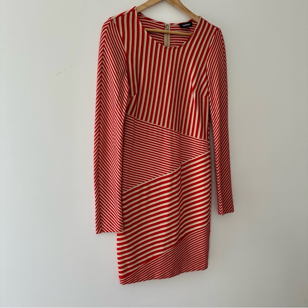 Bebe Red Asymmetrical Stripe Long Sleeve Dress Size M